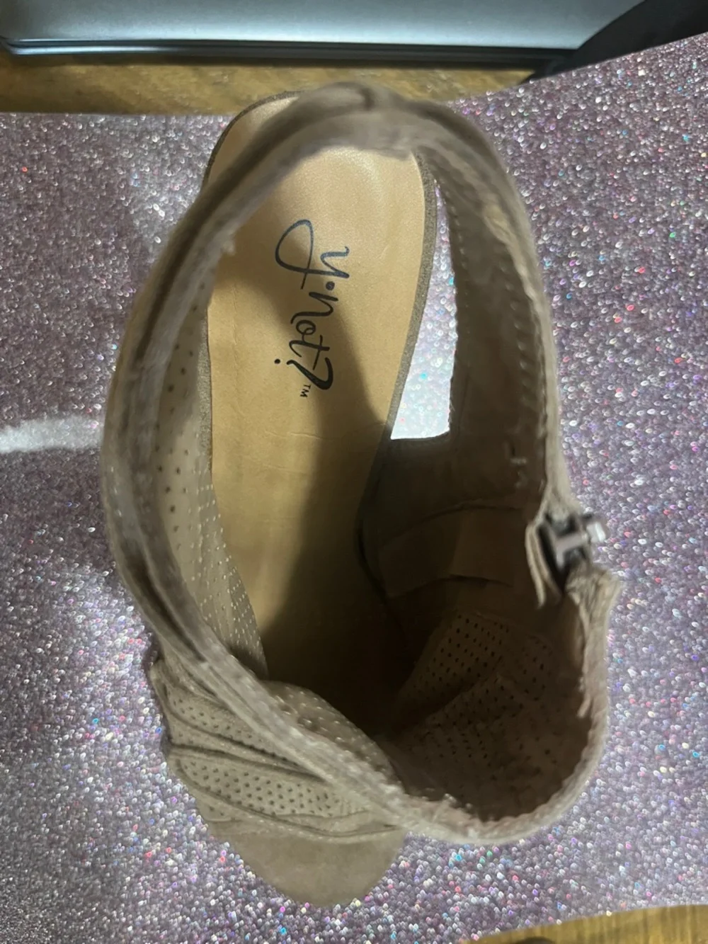 Women’s Suede Lace-Up Peep Toe Booties in Taupe